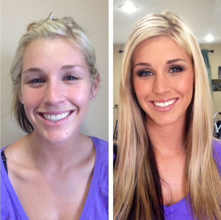Chica mostrando el antes y después de su rostro maquillado 