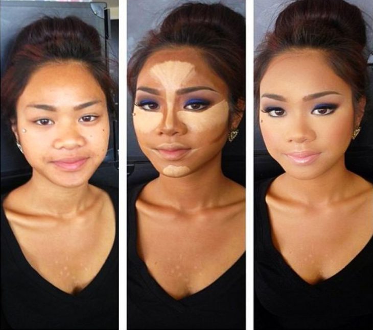 Chica de piel morena mostrando como es el antes y después del maquillaje 