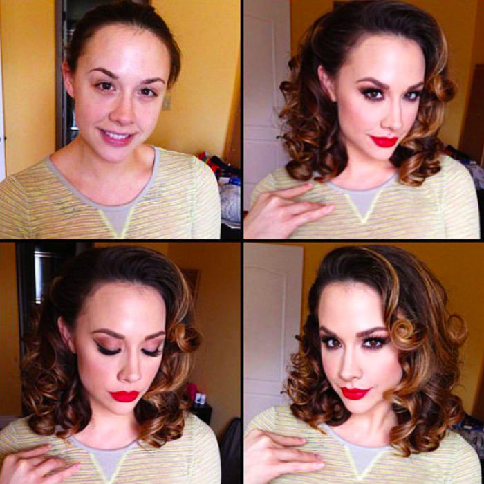 Chica de cabello chino mostrando el antes y después del uso del maquillaje 
