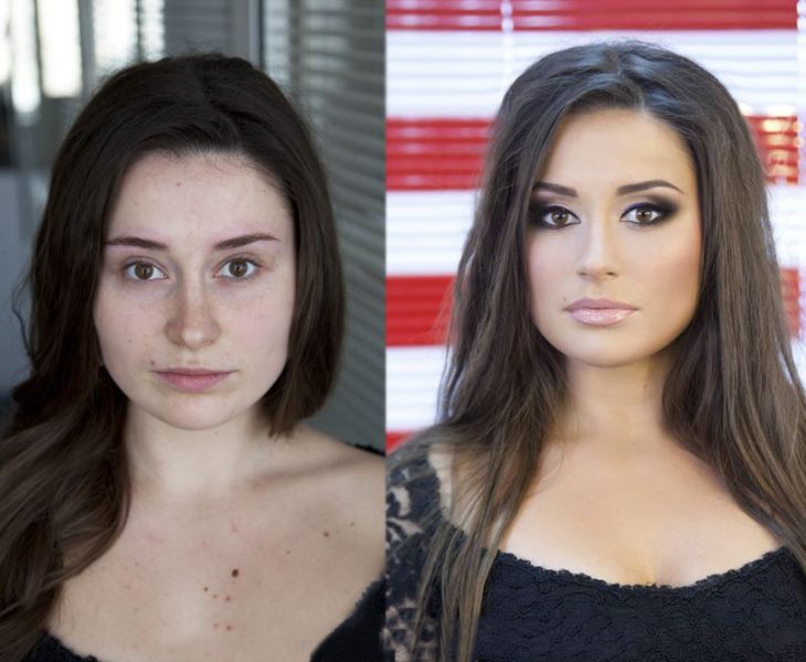 Chica de cabello negro antes y después de aplicarse maquillaje 