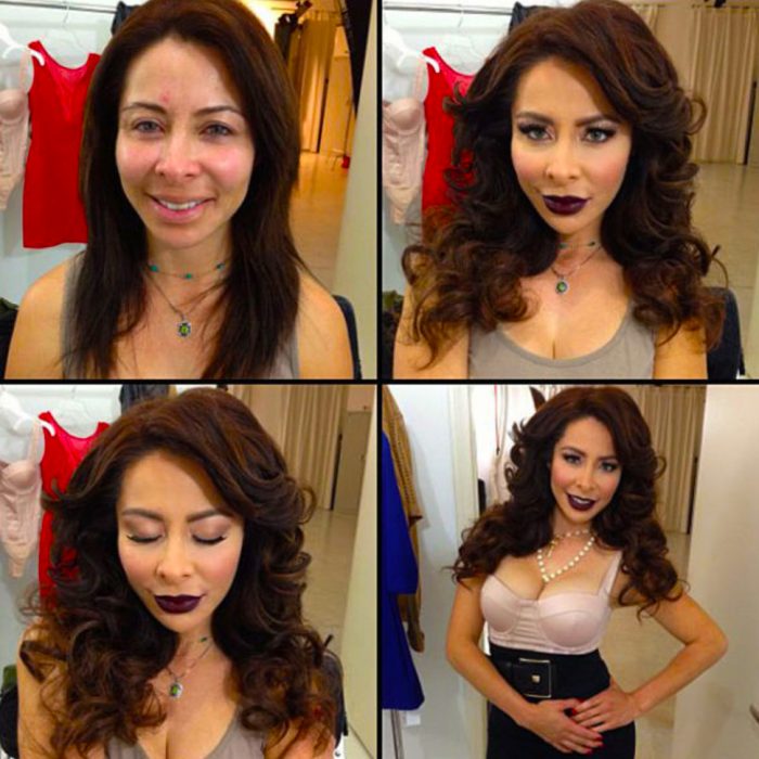 Chica de cabello rojo mostrando el antes y después del maquillaje 