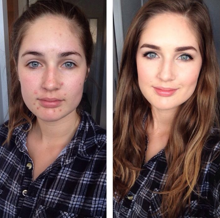 Chica usando una camisa a cuadros y mostrando el antes y después del maquillaje 