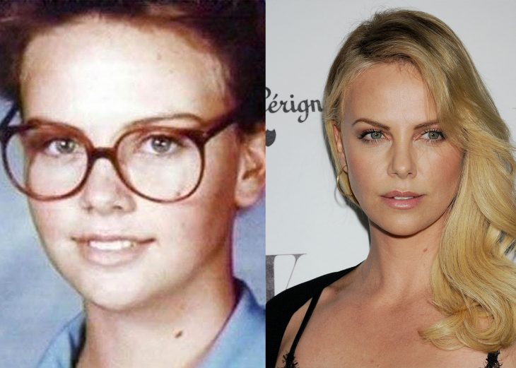 charlize theron antes de niña cuando usaba lentes y después cuando es una adulta