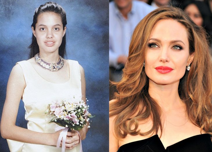 Angelina jolie en el baile de graduación de su escuela y después en la alfombra roja 