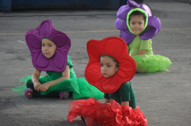 Niñas vestidas de florecitas en el festival de la primaria 