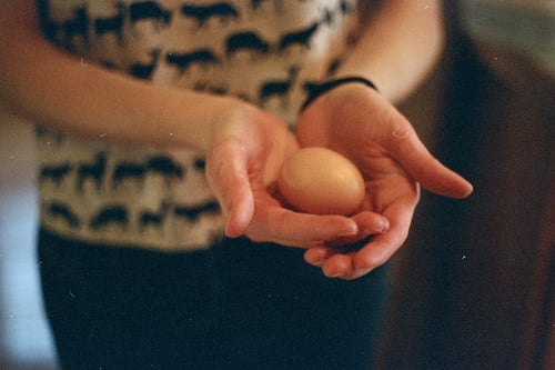 mujer sosteniendo un huevo entre sus manos 
