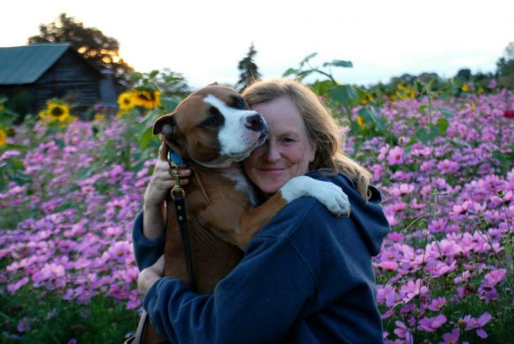 Theodore pit bull con su dueña