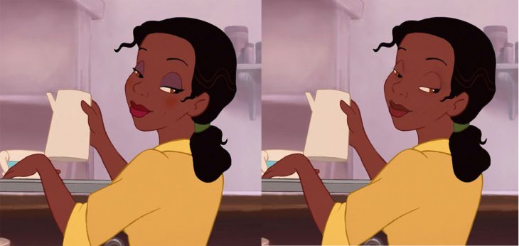 Comparación de la princesa tiana con y sin maquillaje