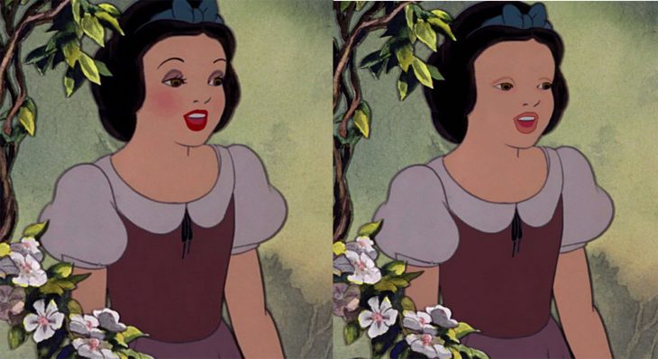 comparación de la cara de blanca nieves con y sin maquillaje 