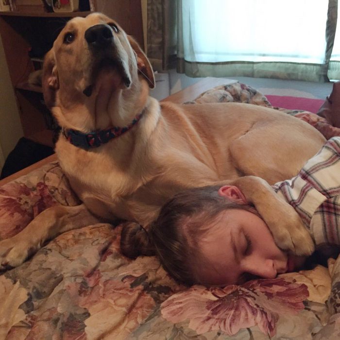 Perro con la pata arriba de su dueña dormida 