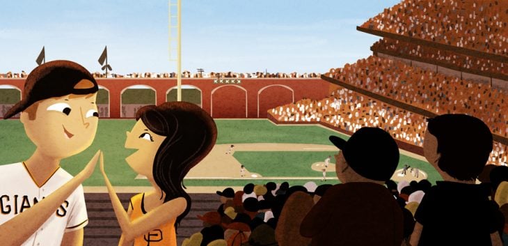Ilustración de Nidhi Chanani pareja en un estadio de beisbol 