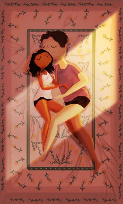 Ilustración de Nidhi Chanani pareja durmiendo abrazada 