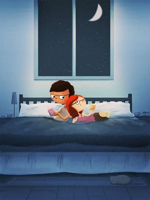 Ilustración de Nidhi Chanani pareja leyendo en la cama 