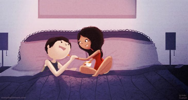 Ilustración de Nidhi Chanani pareja comiendo en la cama 