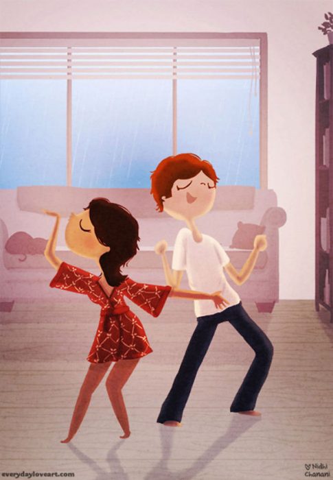 Ilustración de Nidhi Chanani pareja bailando en pijama 