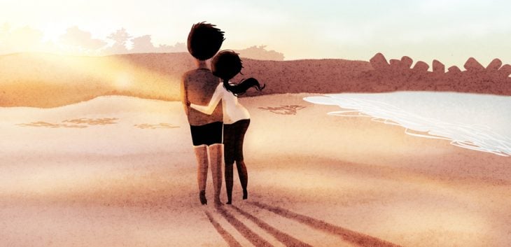 Ilustración de Nidhi Chanani pareja caminando por la playa 