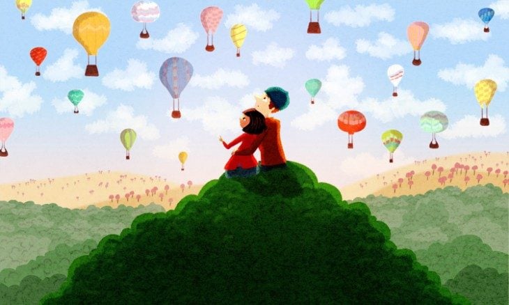 Ilustración de Nidhi Chanani pareja observando globos en el cielo 