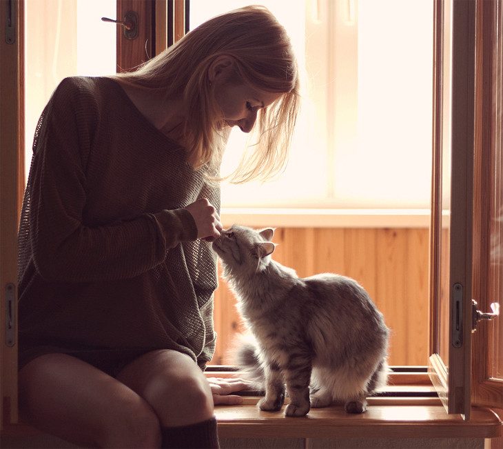 Chica sentada acariciando a un gato 