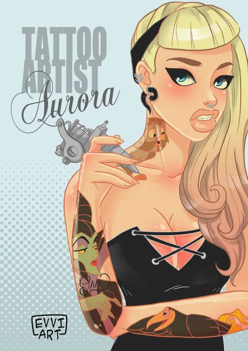 Ilustración de Aurora de la bella durmiente como tatuadora 