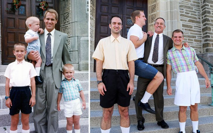 Hombre junto a sus hijos recreando imagenes de cuando eran pequeños 