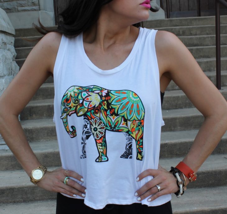 blusa de una chica con un elefante de colores 