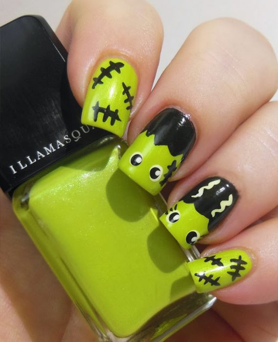 Diseño de uñas para halloween estilo Frankenstein 