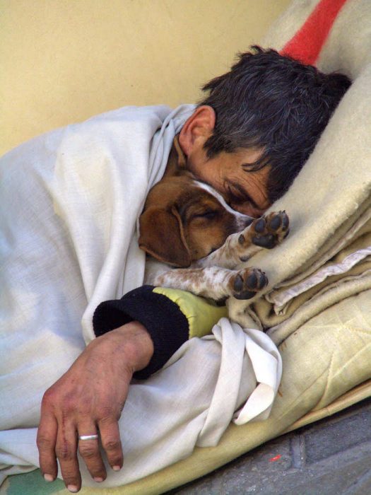 Hombre dormido en la calle junto a su cachorro 