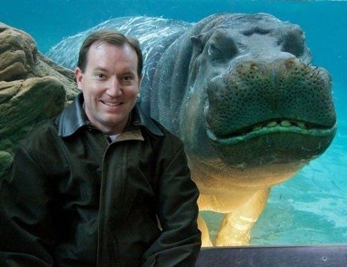 photobomb hipopótamo sonríe detrás de un hombre en la pecera