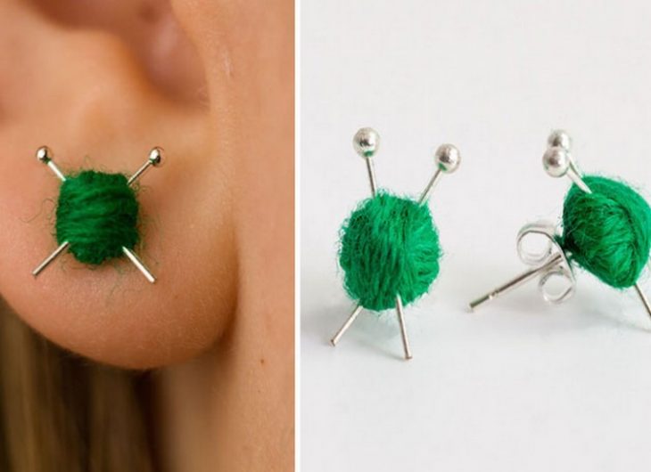 aretes en forma de madeja de estambre con agujas