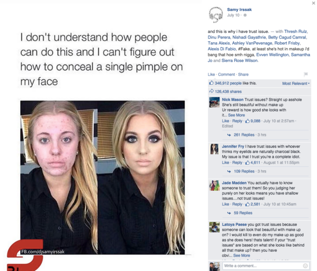 POST en facebook de chica que usa maquilaje cuando tiene acné 