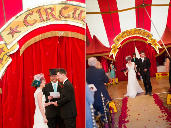 novios caminando hacia el juez boda circo vintage