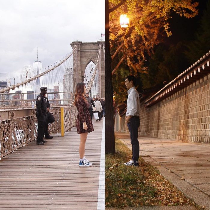 Pareja en puente mitad y mitad 