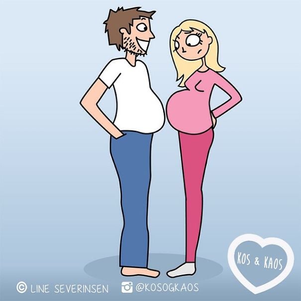ilustración mujer embarazada con hombre de panza grande