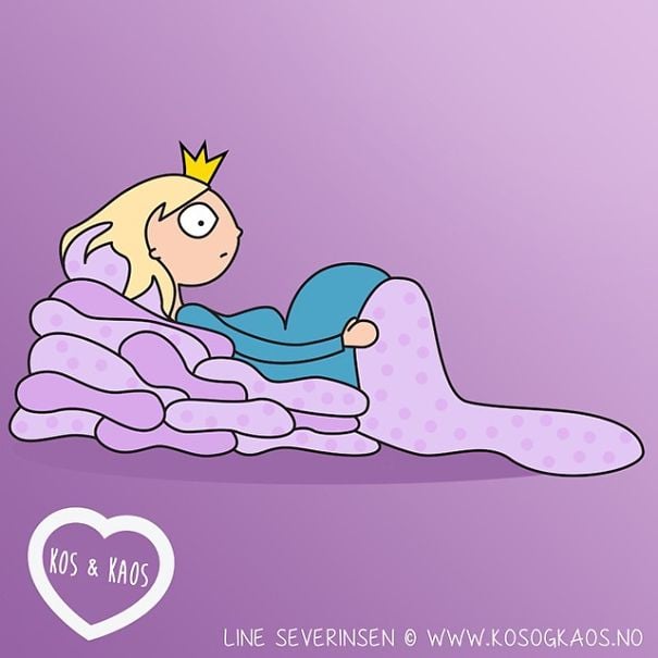ilustración mujer embarazada acostada con muchas almohadas bajo ella