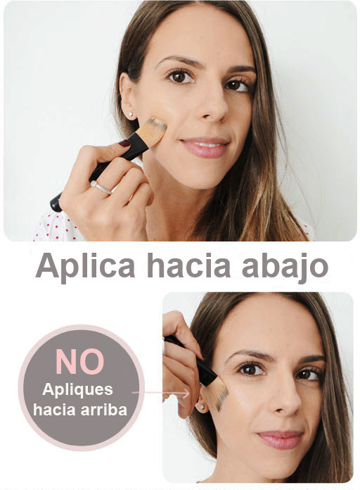 Chica aplicandose el maquillaje hacia abajo