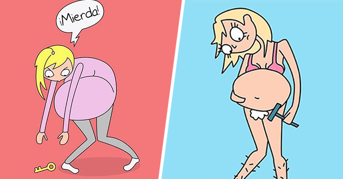 ilustraciones que explican los problemas cotidianos con los que tienen que lidiar las embarazada