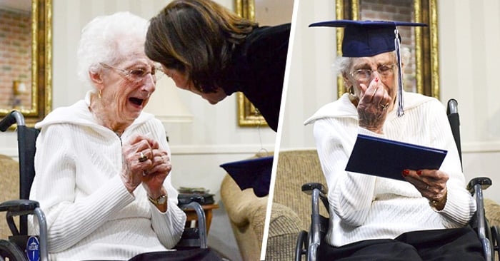 Mujer de 97 años llora porque finalmente le hacen entrega de su diploma de secundaria