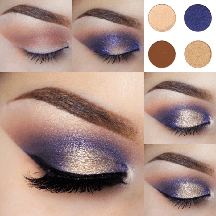 Maquillaje para ojos de color azul con dorado y negro 