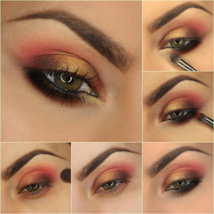 maquillaje para ojos de color rsoa con dorado y negro 