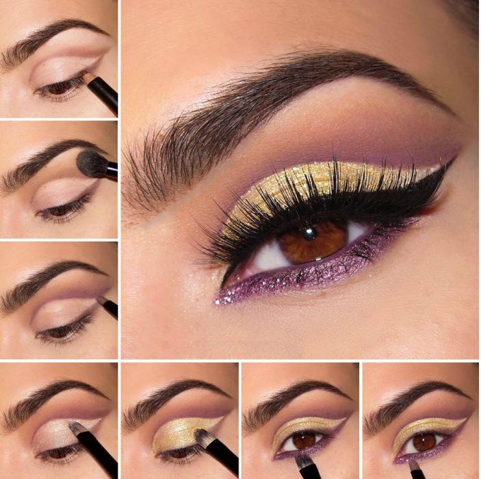 Maquillaje para ojos de color amarillo con morado y negro 