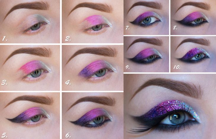 Maquillaje para ojos en color morado y rosa 