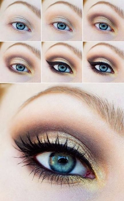 Tutorial de maquillaje para ojos en color dorado con negro y café 