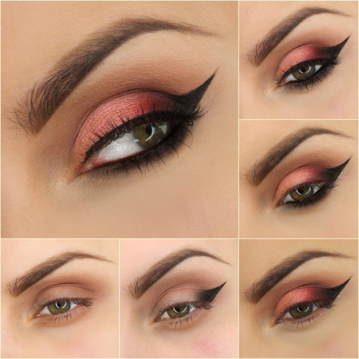 Maquillaje para ojos de color rosa con negro y color melón 