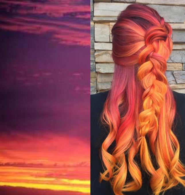 Chica con el cabello teñido con la tendencia sunset hair 