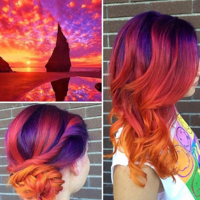 Chica con el cabello teñido con la tendencia sunset hair 