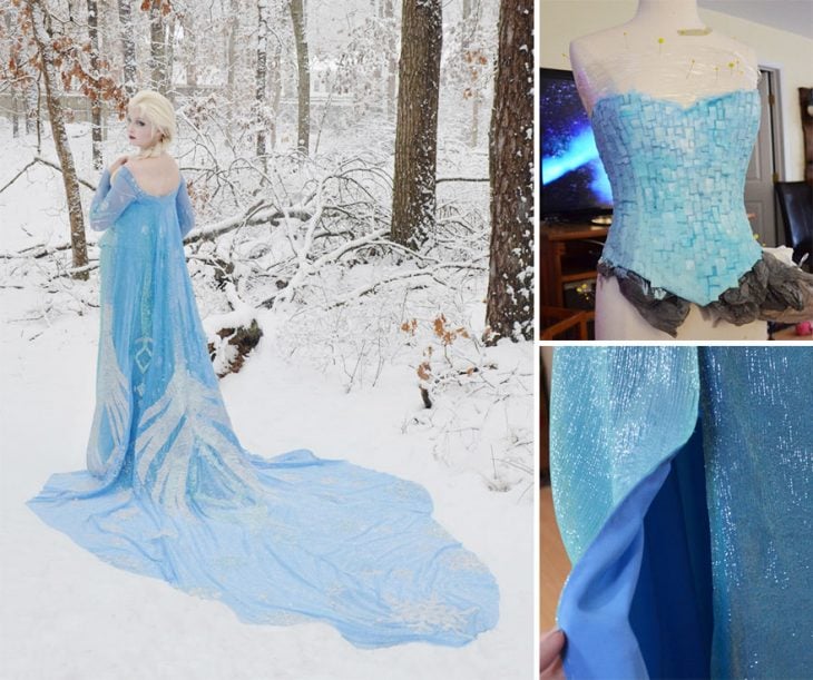 Chica usando un traje de Elsa de la película Frozen 