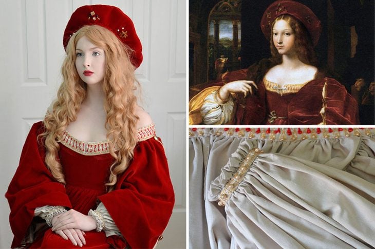 Chica usando un vestido medieval de color rojo al igual que un cuadro 