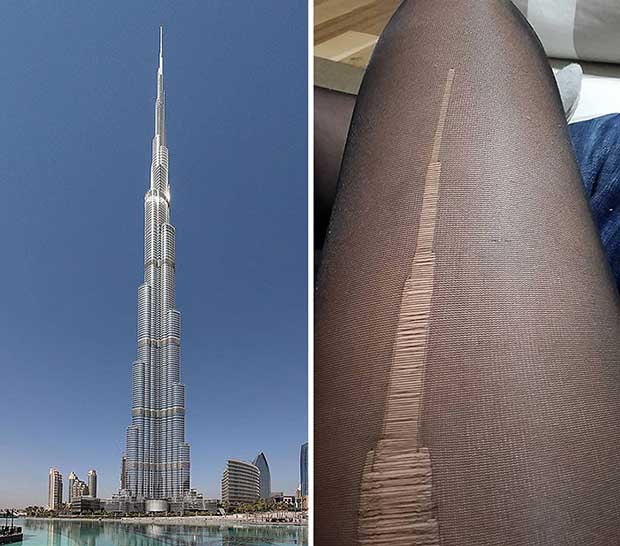 cosas que se parecen a otras, medias rasgadas de una mujer iguales al edificio burj khalifa 