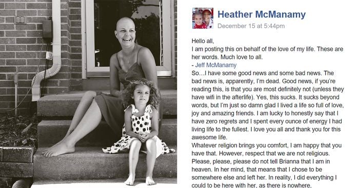 carta en facebook de Heather McManamy