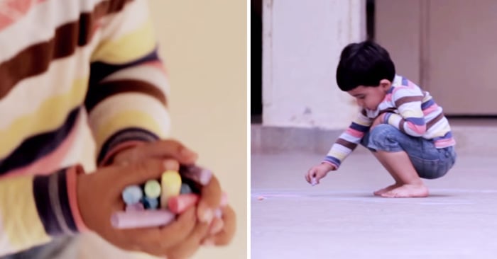 Video emotivo que muestra a un niño hacer un dibujo en el piso con tiza de colores. El resultado es muy conmovedor ya que el niño dibujo a su madre y se recostó sobre el.